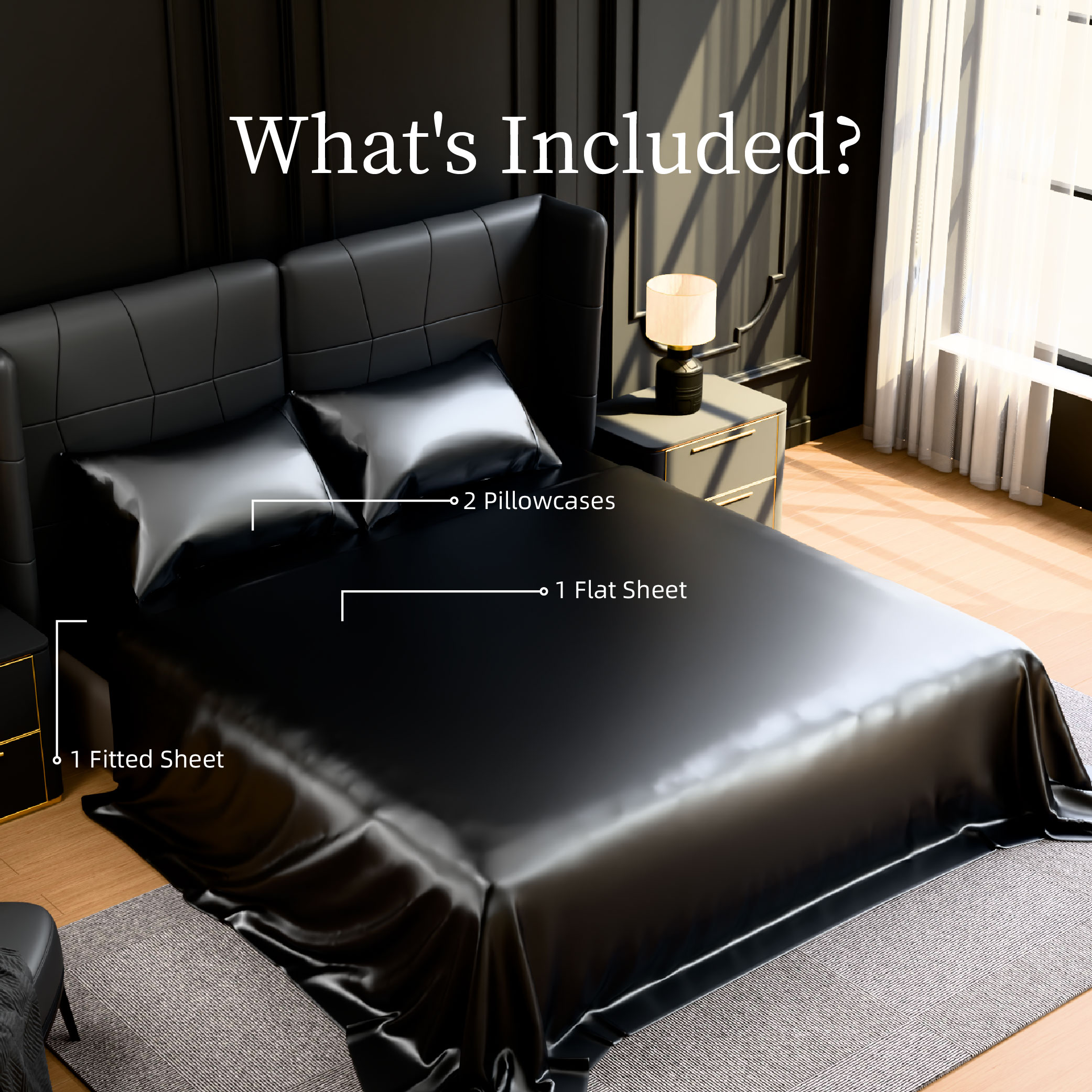 Satin Bed Sheets, King Size Sheets Set, 4 Pcs Silky Bedding Set With 15 Inches Deep Pocket For Mattress (King, Black)_voghion.com